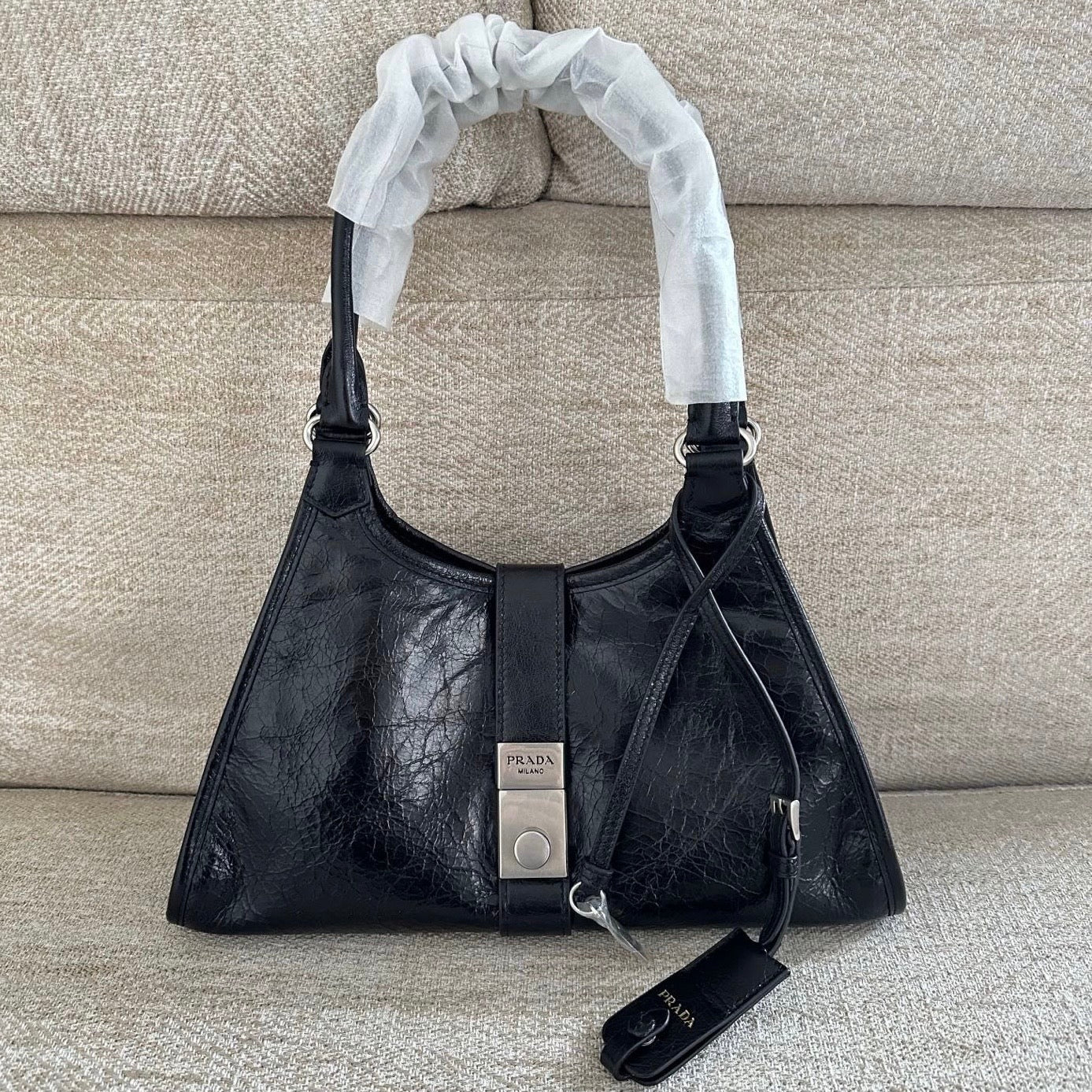 Prada Black Soft Lux Leather Medium Tote Bag
