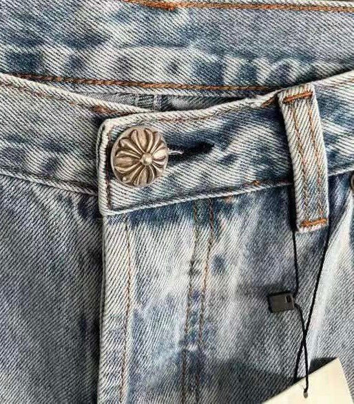 CHROME HEARTS Blue Jeans With Black Leather Crosses